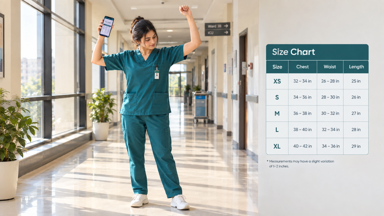 Pakistani doctor testing the fit of the best scrubs for doctors by reaching overhead in a hospital corridor