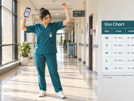 Pakistani doctor testing the fit of the best scrubs for doctors by reaching overhead in a hospital corridor