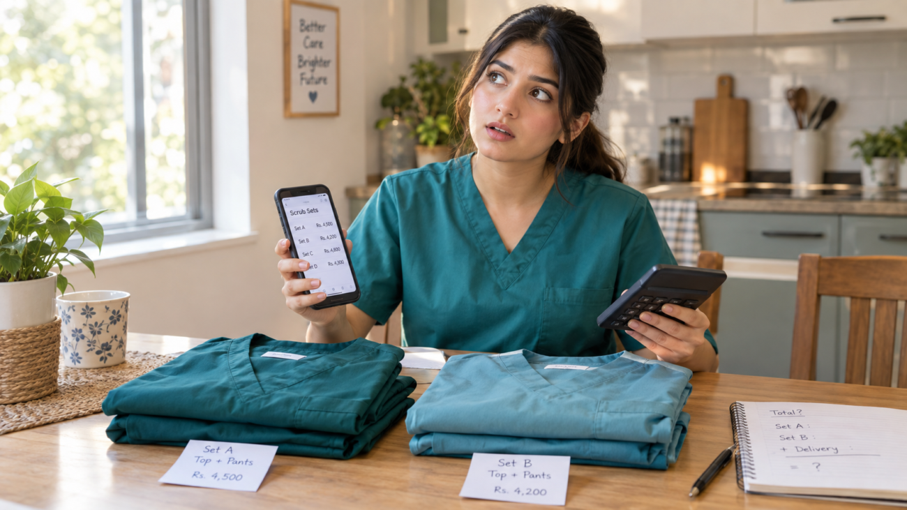Pakistani nurse comparing the medical scrubs price of two sets with a calculator and phone price list