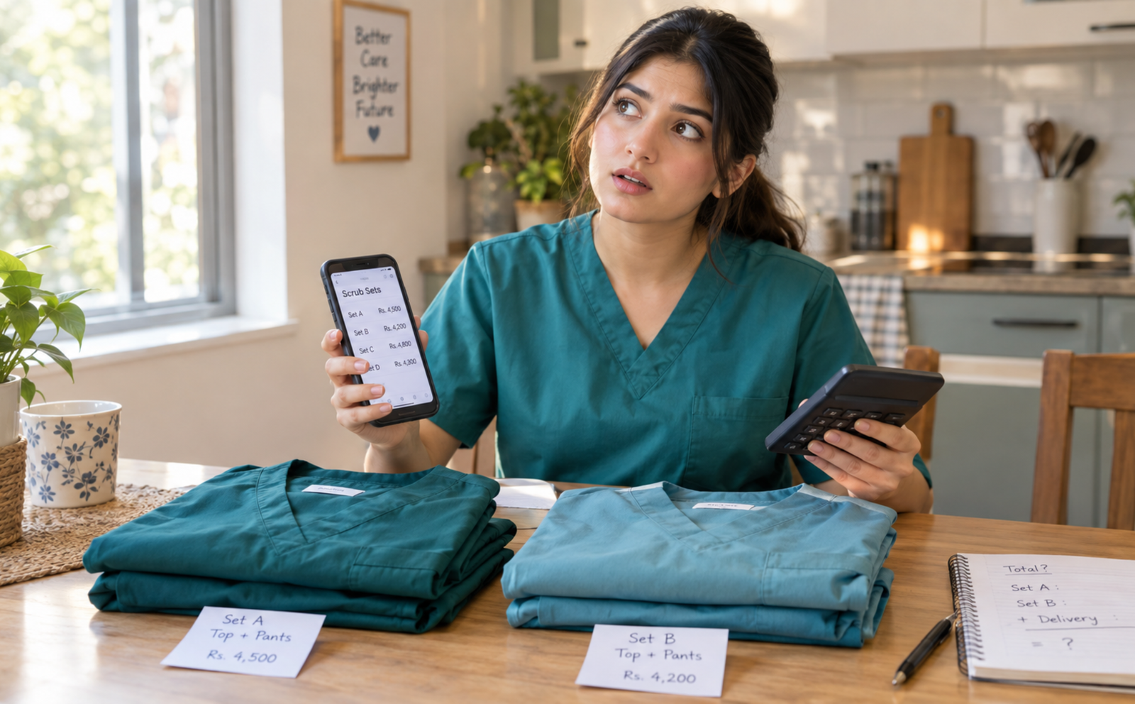 Pakistani nurse comparing the medical scrubs price of two sets with a calculator and phone price list
