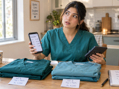 Pakistani nurse comparing the medical scrubs price of two sets with a calculator and phone price list