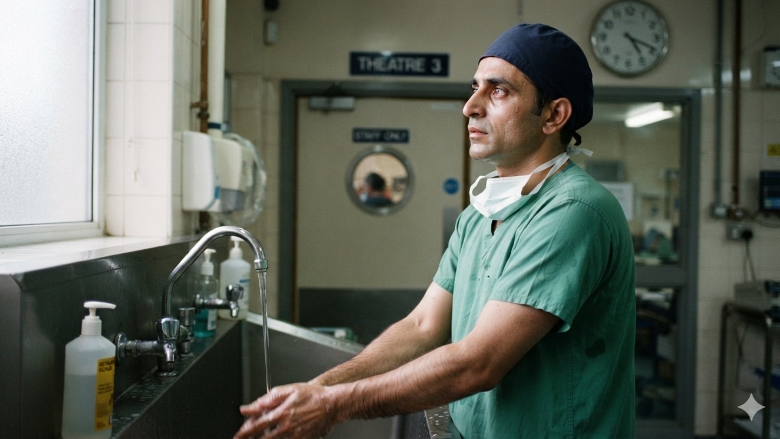 Surgeon wearing OT dress for surgeons, a green scrub suit, cap and mask, at a scrub sink outside an operating theatre in Pakistan