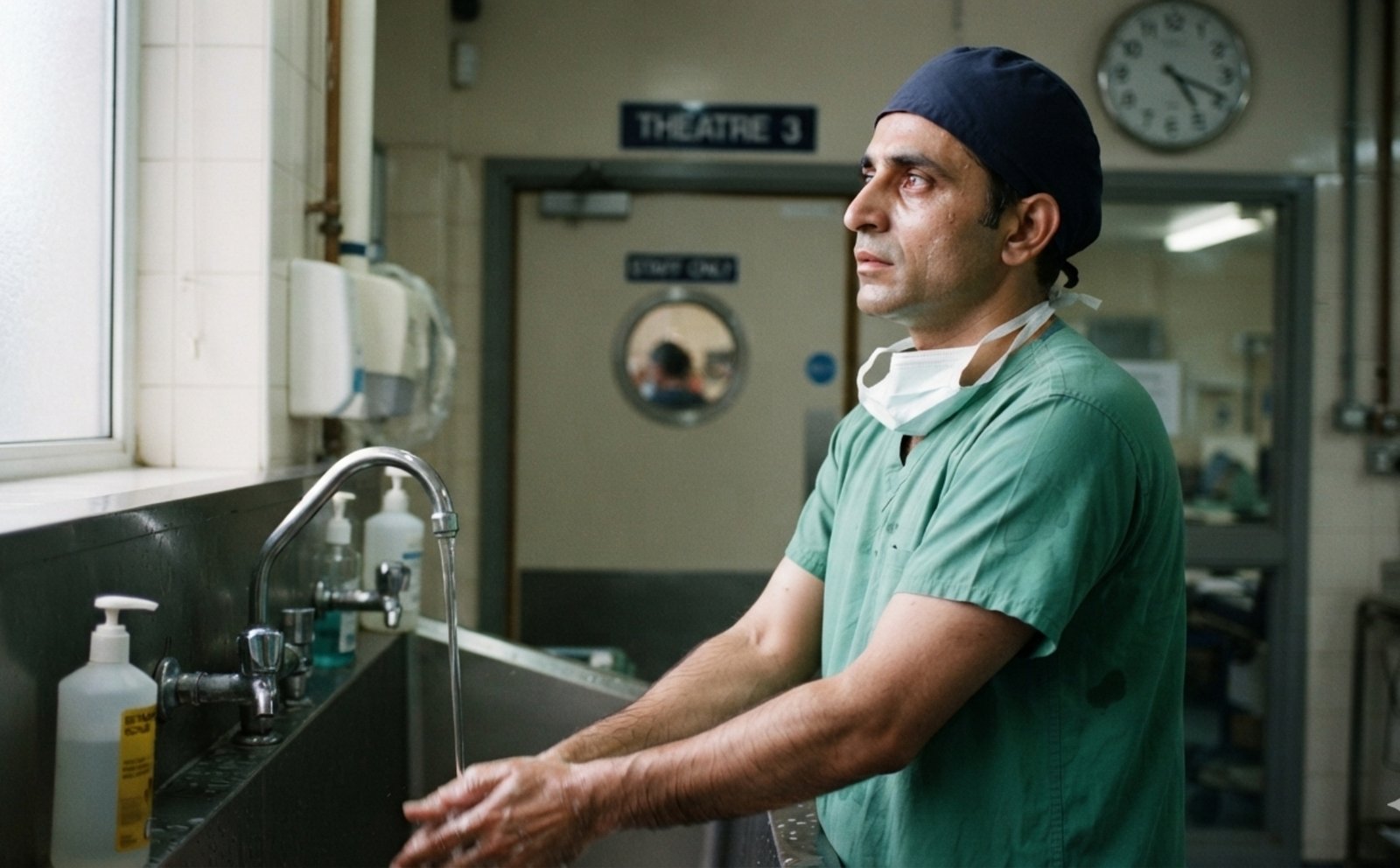 Surgeon wearing OT dress for surgeons, a green scrub suit, cap and mask, at a scrub sink outside an operating theatre in Pakistan